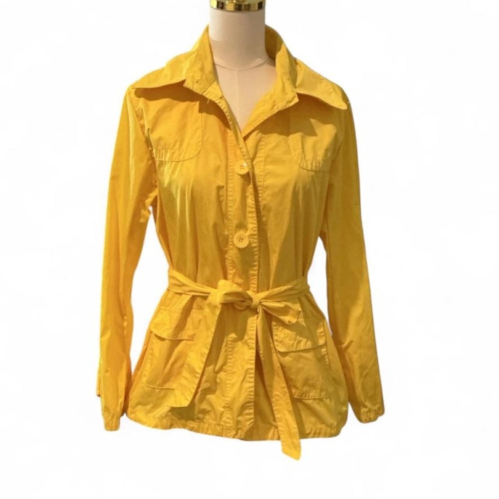 Chico's Utility Rain Jacket Women Size 2 Yellow Belted Safari Button Up Pocket